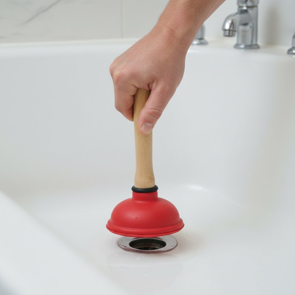 A professional, well-lit photo from a slightly elevated angle, focusing on a hand operating a red rubber plunger over a pristine white bathtub drain. The plunger's rubber cup is firmly pressed over the chrome drain, with a small amount of water visible around its base and partially covering the drain opening. The hand, with a firm grip on the plunger's wooden or plastic handle, should convey active use, either pushing down or pulling up, suggesting the creation of suction. The background should be clean and out of focus, emphasizing the action and the tool.