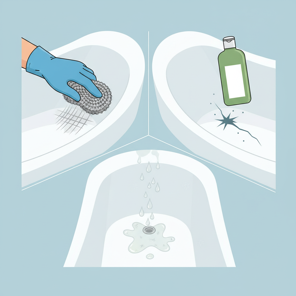 A visually engaging, segmented infographic-style illustration depicting the common causes of scratches on an acrylic bathtub. The central element is a pristine, white acrylic bathtub surface, subtly sectioned off to show different damaging scenarios. One section features a hand aggressively scrubbing with a metallic scourer, creating visible lines. Another shows a shampoo bottle falling and impacting the surface, causing a small chip or deep scratch. A third section displays droplets from an unidentifiable harsh cleaning agent subtly marring the surface. The overall impression should be clear visual examples of actions that harm an acrylic tub's finish. Use clean lines and a modern, professional color palette.