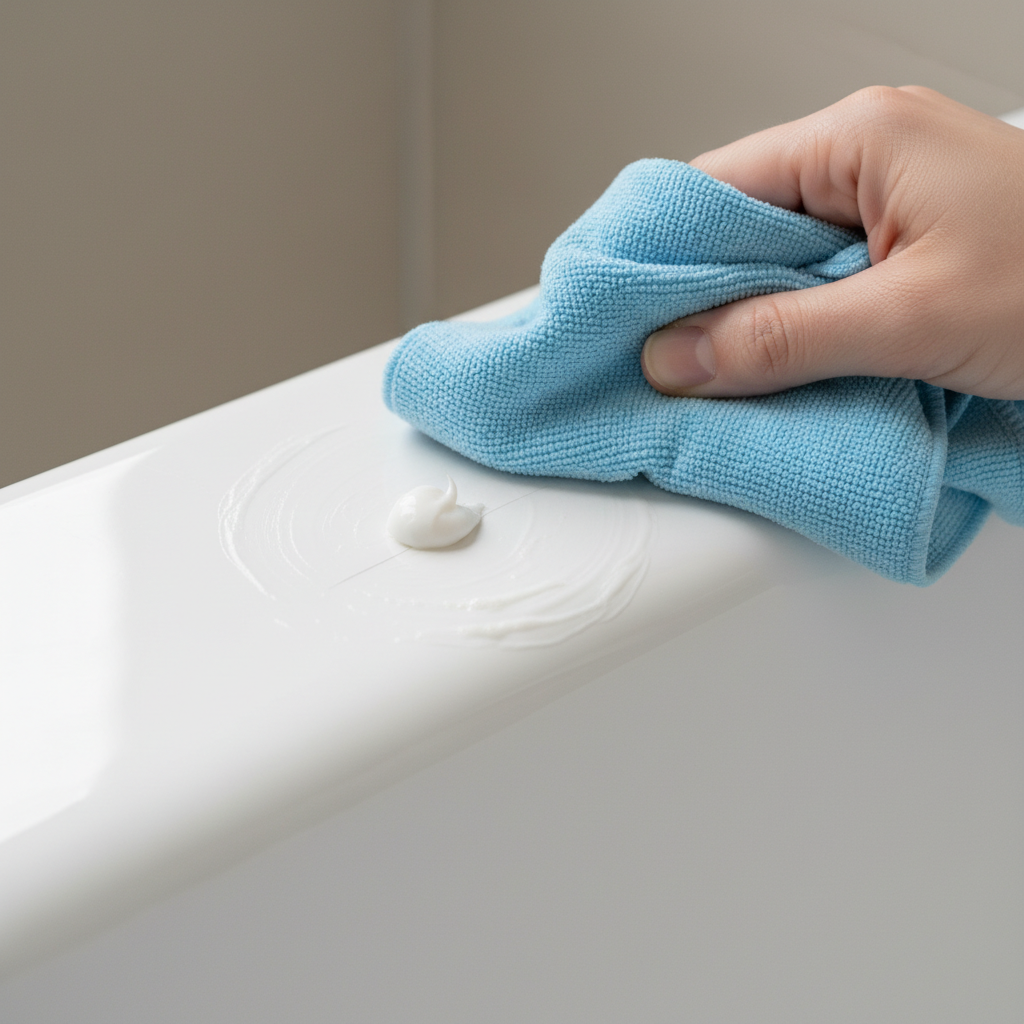 A highly detailed, professional close-up photo showing the process of removing a light scratch from a white acrylic bathtub using toothpaste. The focus is on a pristine white acrylic surface with a single, clear, but shallow scratch. A hand, gently holding a soft, damp microfiber cloth, is applying a small dab of white, non-gel toothpaste directly onto the scratch. The cloth is being carefully rubbed in a gentle, circular motion over the affected area. The lighting should be bright and even, highlighting the texture of the acrylic and the careful application of the toothpaste, conveying a sense of precision and effectiveness.