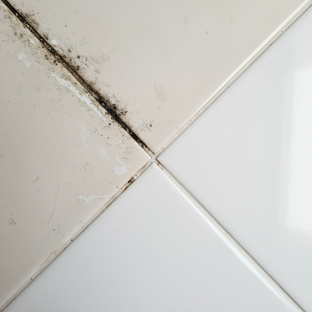 A close-up, high-definition professional photo of a section of bathroom wall tiles. The image is diagonally split: one half shows visibly discolored, dirty grout lines between light tiles, with dark spots indicating mold and grime, and dull patches from limescale build-up. The other half displays the same grout lines sparkling pristine white and clean, making the tiles appear vibrant and fresh. The overall impression is a powerful visual contrast of transformation and the stark difference cleanliness makes in a bathroom environment.