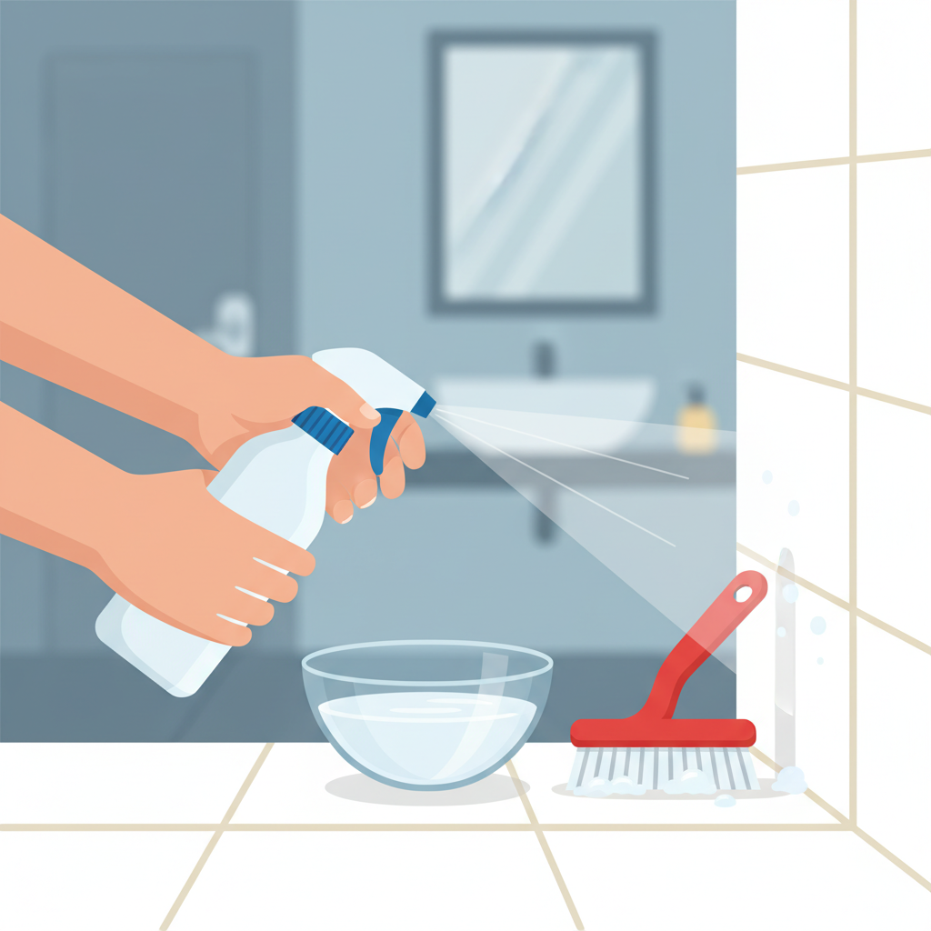 A vibrant, clean flat illustration depicting a common method of cleaning bathroom grout. In the foreground, a pair of hands (gender neutral) holds a spray bottle, directing a mist towards a section of light-colored bathroom tiles with grout lines. A small, clear glass bowl or cup sits nearby, containing a clear liquid (representing vinegar). A dedicated grout brush or an old toothbrush is actively scrubbing the grout lines, conveying a sense of action and effectiveness. The background features subtle, blurred elements of a modern bathroom.