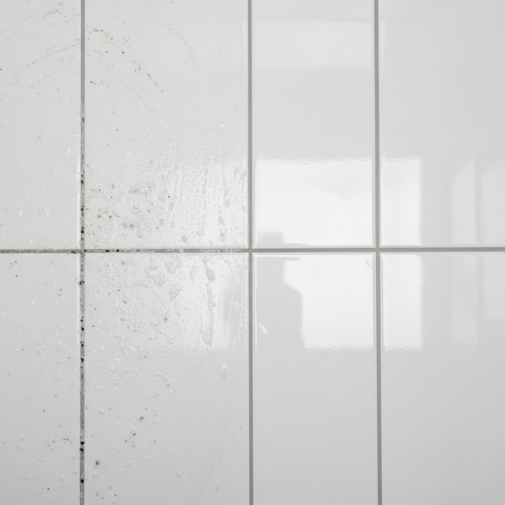 A professional photo from a slightly elevated angle showcasing a bathroom tile surface. The image is divided, with one side illustrating common bathroom tile issues: dull white limescale deposits on the tiles, visible greenish-black mold specks within the grout lines, and a thin, hazy film of soap scum. The other side of the image depicts the same tiles and grout gleaming spotlessly, reflecting light brightly, with a pristine, fresh appearance. The focus is on the stark contrast between the uncleaned and sparkling clean surfaces.