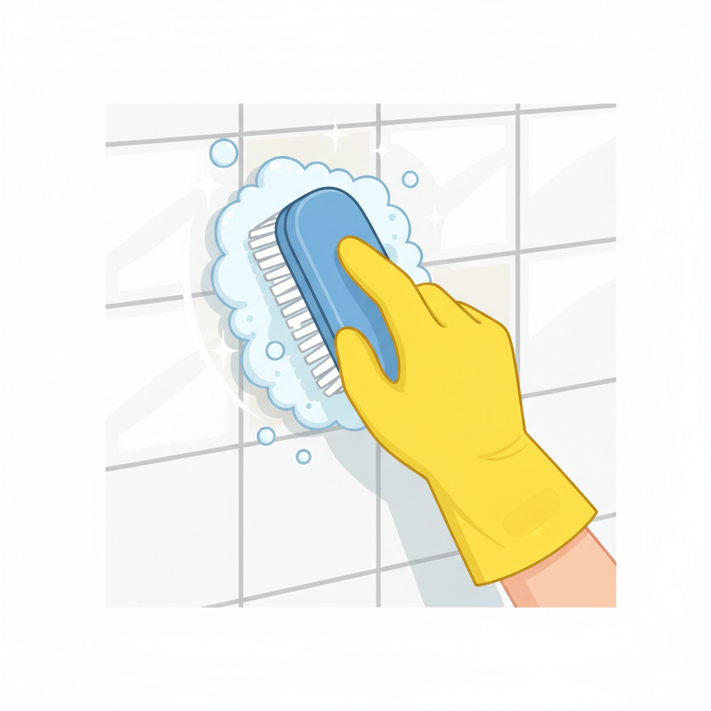 A vibrant, clean flat illustration from a slightly overhead perspective, focusing on a human hand wearing a bright yellow rubber glove. The hand is actively holding a scrubbing brush, making contact with a section of white bathroom wall tiles. Light foam bubbles and subtle sparkling trails emanate from the brush, visually emphasizing effective cleaning. The cleaned surrounding tiles appear radiant and bright, suggesting the successful removal of grime and dirt. The overall style should convey cleanliness and a sense of accomplishment.