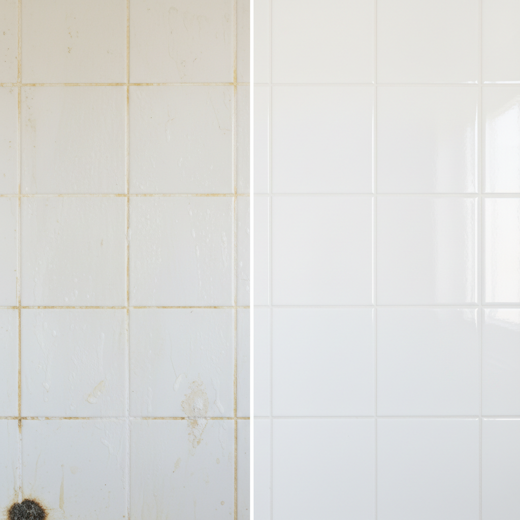 A realistic, aspirational professional photograph showing a split view of bathroom tiles. On the left side, depict a section of worn, slightly discolored white ceramic tiles with noticeable yellowish grout lines, hazy soap scum film, a few distinct white lime scale deposits, and a small, dark mold patch in a corner. The overall appearance is dull and neglected. On the right side, the exact same section of tiles is transformed: bright white and glossy, with pristine, sparkling clean white grout lines, reflecting ambient light beautifully, completely free of any dirt, scum, or mold, conveying a sense of fresh hygiene and cleanliness.