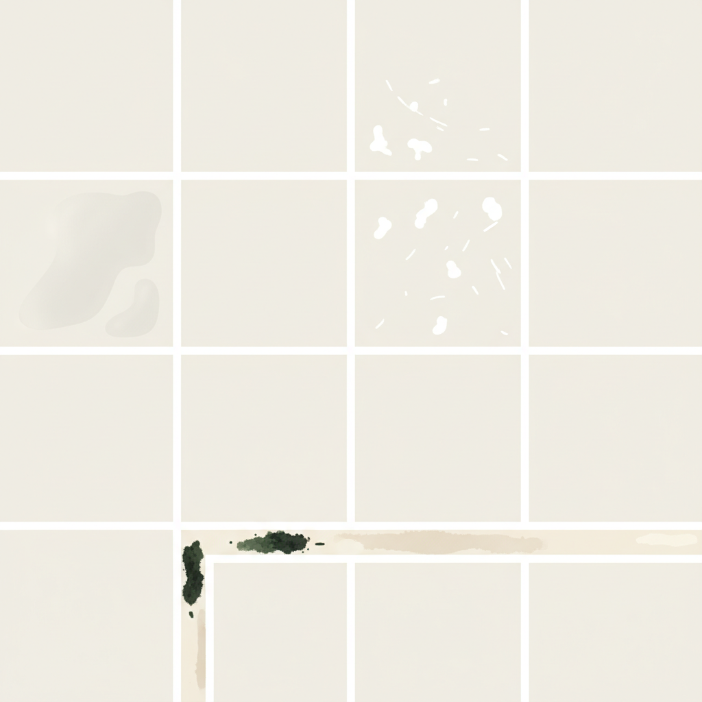 A clear, modern 2D flat illustration of several light-colored bathroom tiles joined by clean, bright grout lines. The illustration should visually highlight different types of common dirt. On one tile, show a subtle, translucent film representing soap scum. On another, depict a few distinct white spots and streaks for lime scale deposits. In a grout line, illustrate a small, fuzzy dark green/black patch symbolizing mold. Finally, show a section of a grout line that is noticeably darker or off-white, indicating general discoloration. Each element should be clearly distinguishable and visually abstract, without being overly messy.