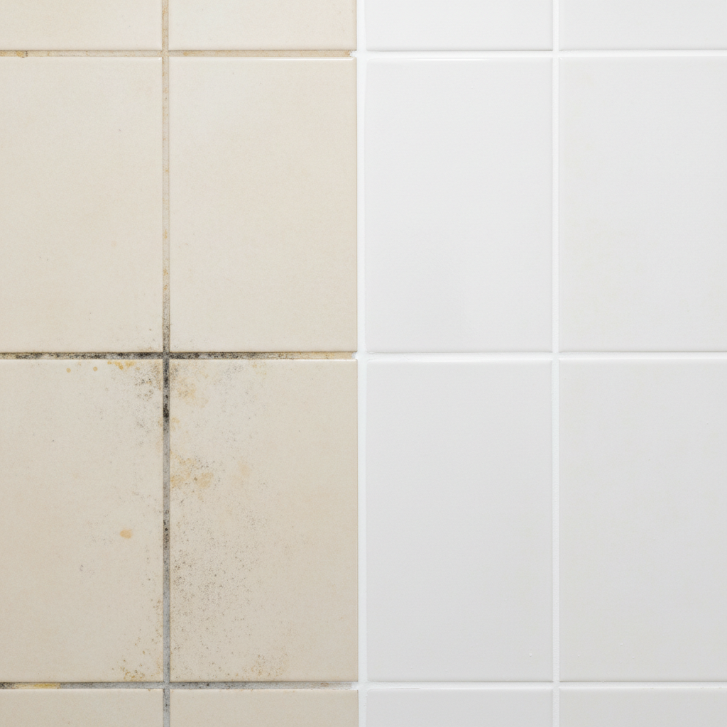 A professional photo showcasing a close-up of a bathroom wall with ceramic tiles. The image should be clearly divided, illustrating a dramatic 'before and after' effect on the grout lines. On the 'before' side, the grout is visibly discolored, stained with dark grey, brown, and hints of black mold, appearing dull and unhygienic. On the 'after' side, the very same grout lines are sparkling pure white, pristine, and perfectly clean, making the surrounding tiles appear brighter and fresher. The contrast should be stark, emphasizing the transformative power of cleaning.