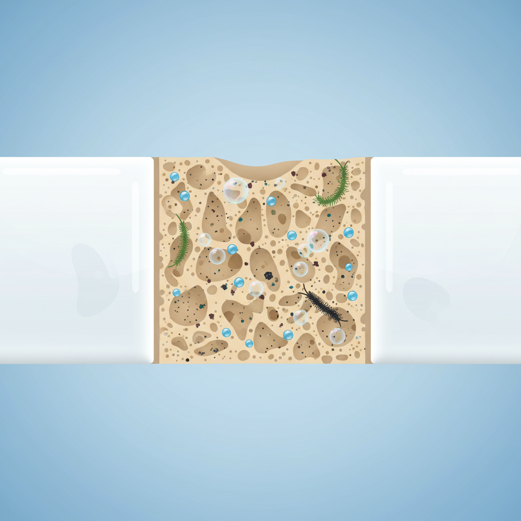 An intricate, infographic-style illustration depicting a magnified cross-section of bathroom grout situated between two glossy ceramic tiles. The illustration visualizes the porous nature of the grout material. Microscopic elements are clearly shown infiltrating and accumulating within the grout's tiny crevices and pores: small blue droplets representing moisture, translucent bubbles symbolizing soap residue, dark earthy specks for general dirt, and distinct fuzzy green or black shapes indicating mold spores. The visual aims to explain why grout easily gets dirty due to its inherent structure and environmental factors.