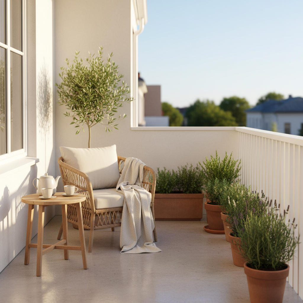 A professional, bright photo of a perfectly clean and inviting balcony. Sunlight bathes the space, highlighting a sparkling, spotless floor and fresh, well-maintained potted plants. Comfortable outdoor furniture (a chair or small table) is neatly arranged, suggesting an oasis of calm and relaxation. The overall impression is one of pristine cleanliness, well-being, and readiness for enjoyment, emphasizing the 'after' effect of a thorough cleaning.