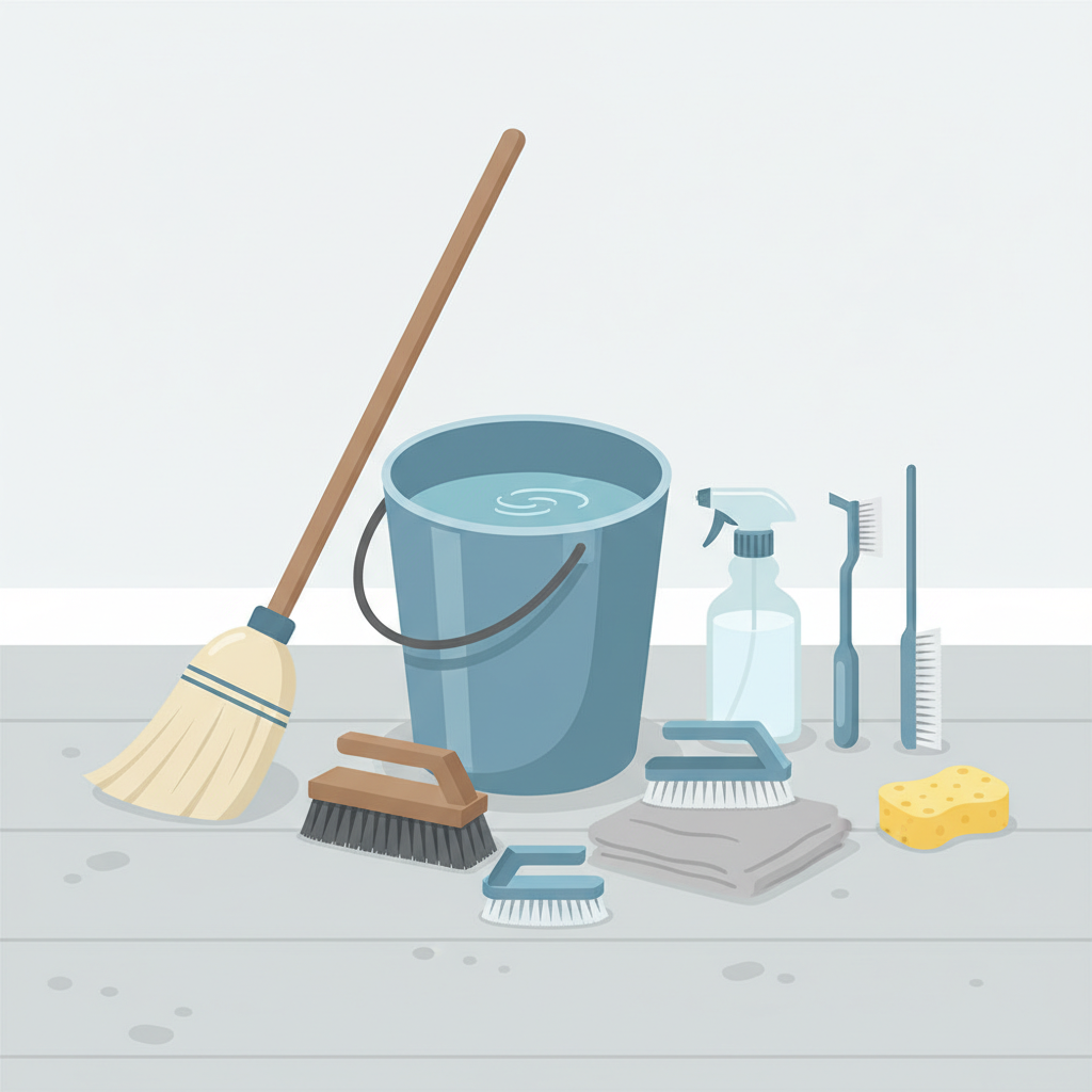 A clean, modern flat illustration depicting an organized collection of essential balcony cleaning tools. The scene shows items like a vibrant blue or grey bucket filled with water, various sizes and types of brushes (soft and stiff bristles), a broom with a clean head, a spray bottle, and possibly a sponge or cloth, neatly arranged on a light, subtle background that hints at a clean outdoor surface. The focus is on the practical tools needed for effective cleaning.