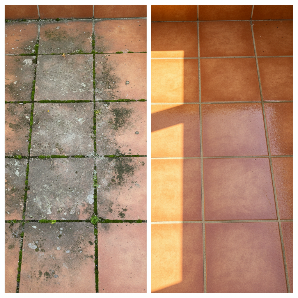 A visually striking 'before and after' split image of a balcony floor. The left side depicts a section of ceramic balcony tiles covered in dull grime, patches of green moss, and dark stains, appearing neglected. The right side shows the exact same section of tiles, now sparkling clean, with vibrant colors, reflecting light, and free from any dirt or biological growth. The sunlight illuminates the clean tiles beautifully, emphasizing the dramatic transformation. Professional photo, bright and inviting atmosphere.