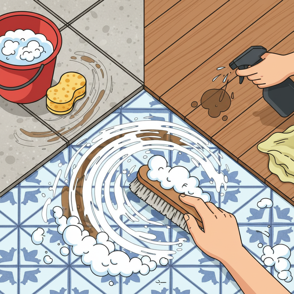 A vibrant flat illustration depicting a person's hands actively engaged in cleaning different types of balcony tiles. In the foreground, hands are using a stiff brush with soapy water on a segment of ceramic tiles, effectively removing visible dirt and grime. In the background, subtly different textures represent concrete and wood/WPC planks, each partially cleaned or with common cleaning tools like a bucket, sponge, or small sprayer nearby. The scene conveys effort and effectiveness across various materials, using clean lines and a bright, informative aesthetic.
