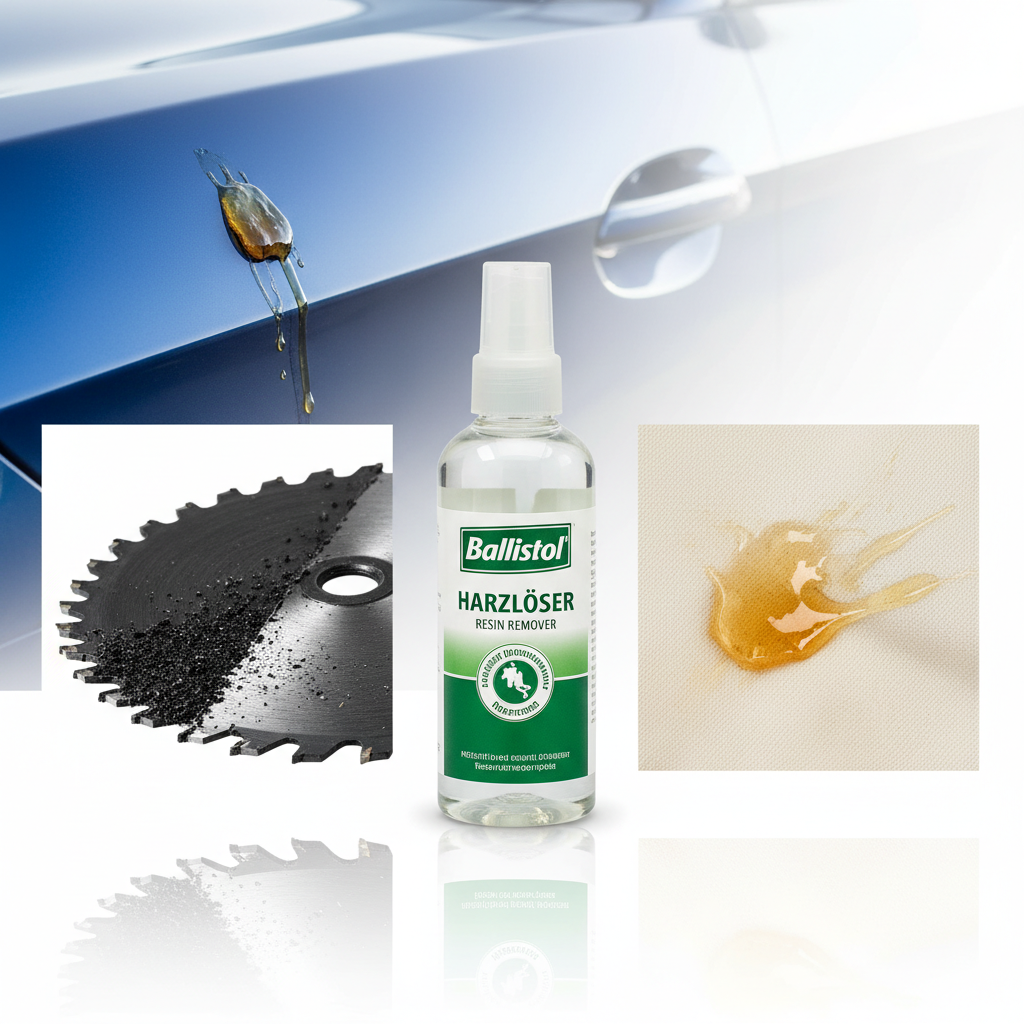 A professional, vibrant product photography style image showcasing the versatility and effectiveness of Ballistol Harzlöser. The scene features a pristine bottle of the resin remover centrally placed. Around it, various objects are depicted with contrasting states: a car fender with a glistening sap spot next to a perfectly clean one, a saw blade encrusted with dark resin followed by a shiny, clean blade, and a piece of fabric with a sticky amber stain transforming into spotless fabric. The overall impression is one of effortless cleaning and renewal, highlighting the product's ability to tackle different surfaces. The background is clean and bright, emphasizing the product and its results.
