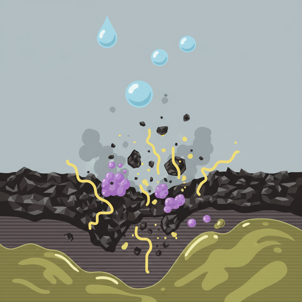 An infographic-style flat illustration depicting the microscopic action of Ballistol Harzlöser. The image visualizes a cross-section of a surface (e.g., wood grain or metallic texture) with a thick, uneven layer of dark, solidified resin on top. From above, stylized droplets or molecular representations of the Harzlöser begin to penetrate and break down the resin layer. Show abstract representations of alkaline soaps emulsifying, hydrocarbons dissolving, and natural oils creating a protective, smooth film on the underlying surface as the resin is lifted away. Use a clean, modern color palette with distinct visual cues for each component's effect.
