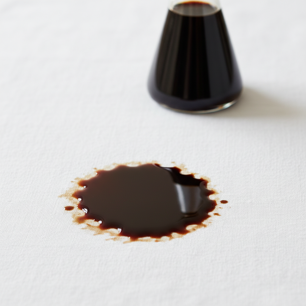 A vibrant, close-up professional photo of a fresh, dark brown balsamic vinegar spill on a crisp, white linen tablecloth. The liquid should be visibly soaking into the fabric, creating an irregular, deep-colored stain with subtle reflections. A small, elegant glass bottle of balsamic vinegar, slightly out of focus, could be positioned in the background, hinting at the source. The lighting should be bright and clean, emphasizing the contrast between the dark stain and the pristine fabric texture, conveying the immediate impact and visual challenge of the stain.