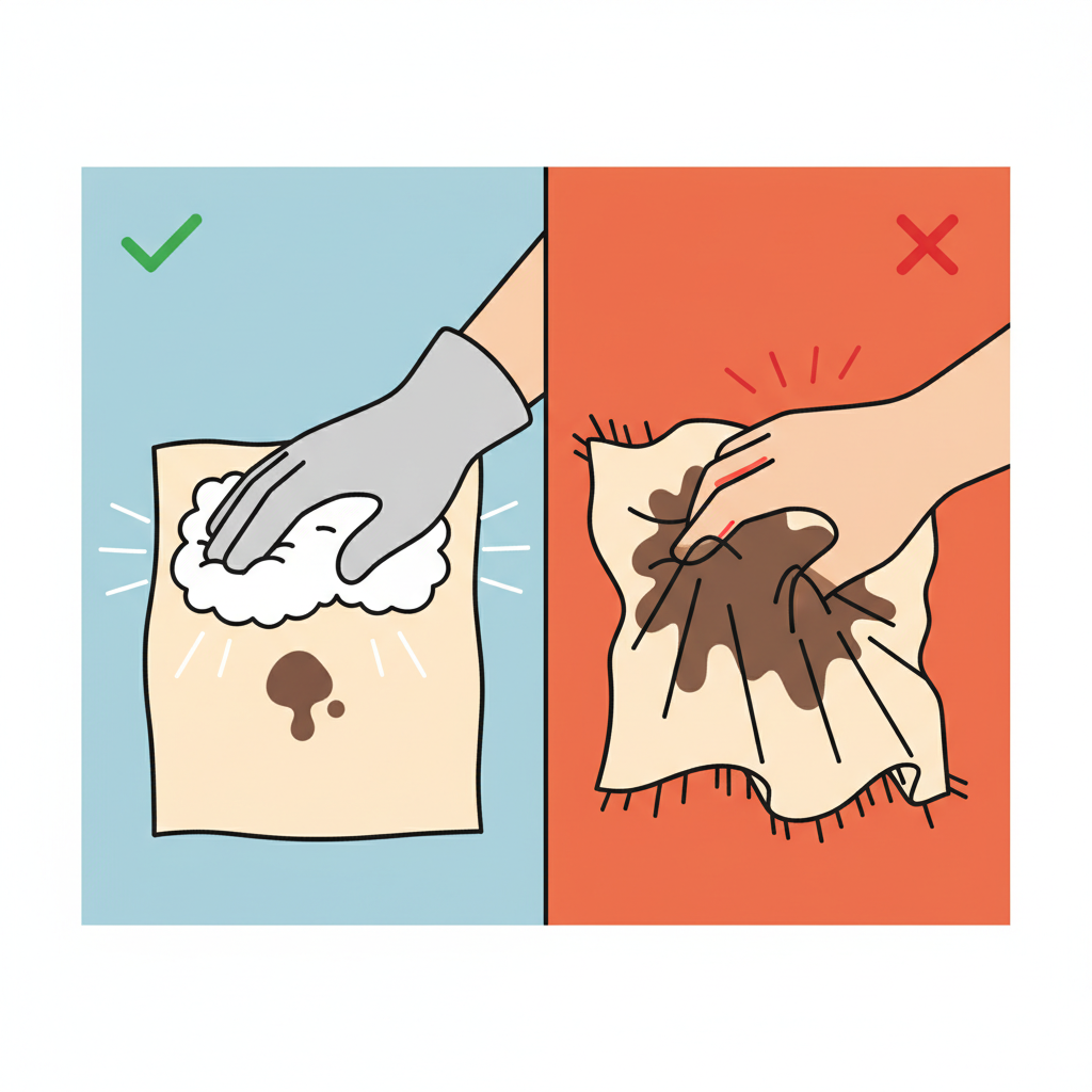 A clear, infographic-style illustration depicting the 'do's and don'ts' of treating a fresh balsamic vinegar stain. The image is divided into two distinct vertical sections. On the left, a gentle hand, perhaps wearing a clean glove, is shown lightly dabbing a small, dark balsamic stain on a light-colored fabric with a white, absorbent cloth. On the right, the same stain appears larger and more diffused, with a hand vigorously rubbing the fabric, visually spreading the stain and distorting the fabric fibers. The illustration should use clean lines and contrasting colors to highlight the correct versus incorrect action.