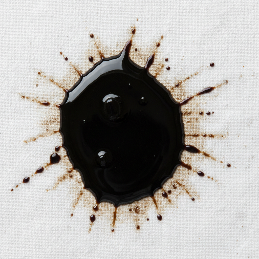A close-up, high-detail professional photo showing a fresh, dark balsamic vinegar stain on a pristine white cotton tablecloth. The stain appears viscous and intensely dark, with subtle glints of light reflecting off its surface, highlighting its sticky nature. Surrounding the stain, the fabric fibers are visibly saturated and slightly discolored, illustrating how deeply the pigments and sugars penetrate. The image should convey the stubbornness and visual impact of the stain, emphasizing its challenging characteristics. Focus on texture and the stark contrast between the dark stain and the clean fabric.