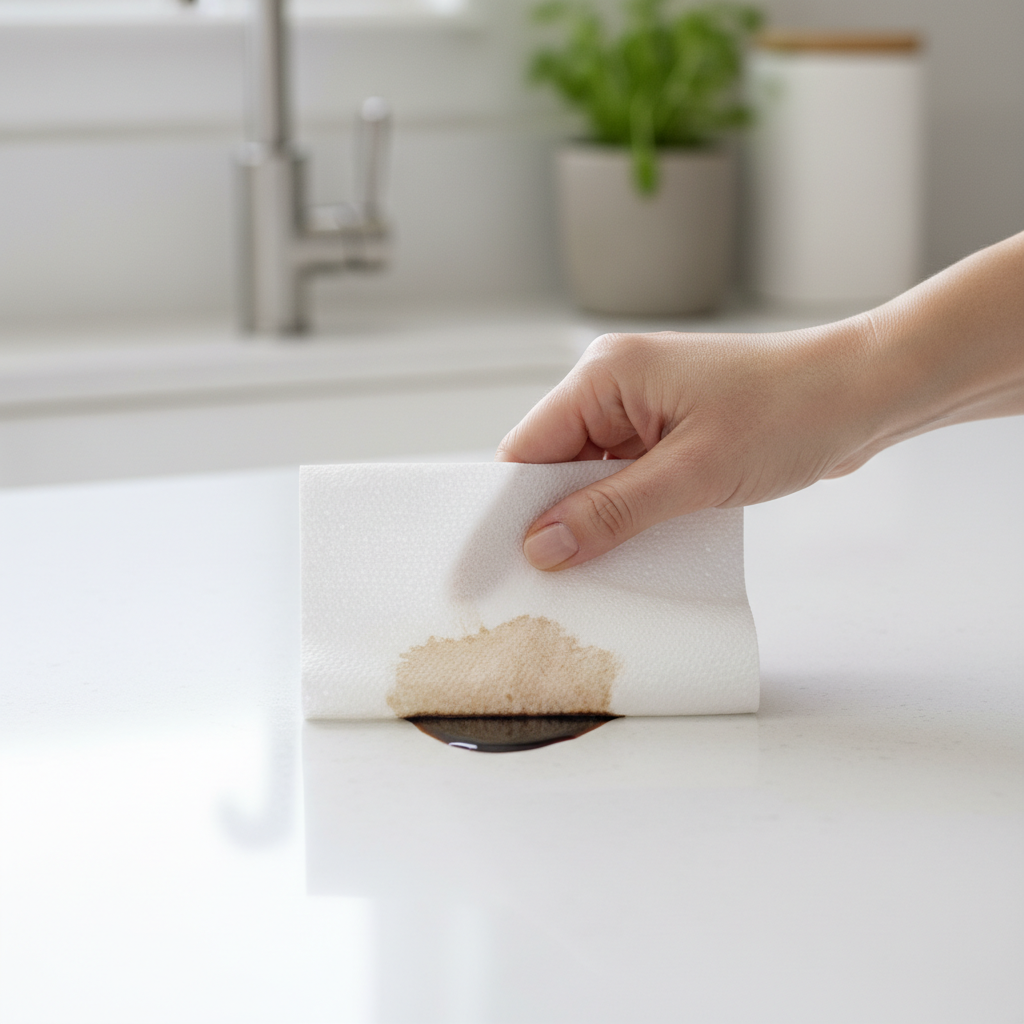A clean, bright professional photo captured from a slightly elevated perspective, showcasing the immediate action of stain removal. A hand, with fingers gently splayed, uses a crisp white paper towel to delicately blot a small, still-wet balsamic vinegar spill on a light-colored kitchen counter or fabric surface. The dark stain is visibly transferring from the surface onto the absorbent paper towel, creating a subtle, spreading discoloration on the towel itself. The focus is sharp on the blotting action and the materials, conveying a sense of effective and timely intervention.