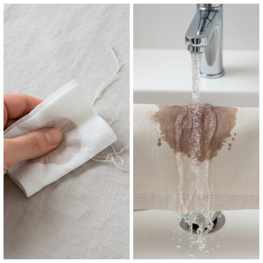 A professional, bright close-up photo of a hands-on stain removal process. A dark balsamic vinegar stain is visible on a light-colored cotton shirt or tablecloth. A clean, white paper towel is gently dabbing the fresh stain, illustrating the blotting action. In a separate, subtly integrated part of the image, cold water is shown rinsing the reverse side of the stained fabric under a tap in a clean, modern sink. The focus is on the immediate, careful intervention to prevent the stain from setting, emphasizing the textures of fabric and water droplets. The overall mood is helpful and practical.