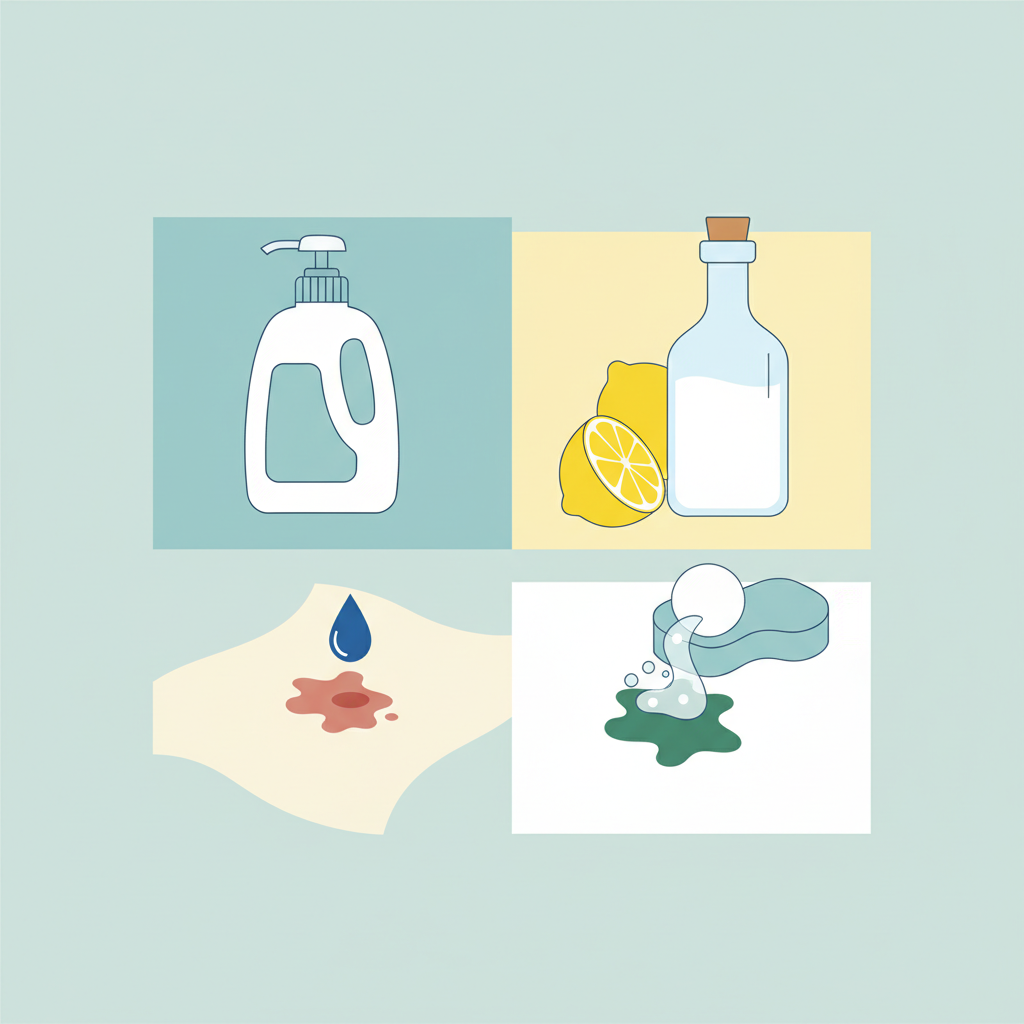 A clean, minimalist flat illustration depicting various common household remedies for stain removal. The scene shows different methods in a visually separated, infographic-like manner. One section features a bottle of liquid dish soap with a small drop applied directly onto a fabric stain. Another section showcases half a lemon and a bottle of white vinegar, suggesting their use in a cleaning mixture, perhaps with a cotton ball or sponge applying the solution to a different stain area. The background is simple, evoking a clean home environment. Bright, clear colors.