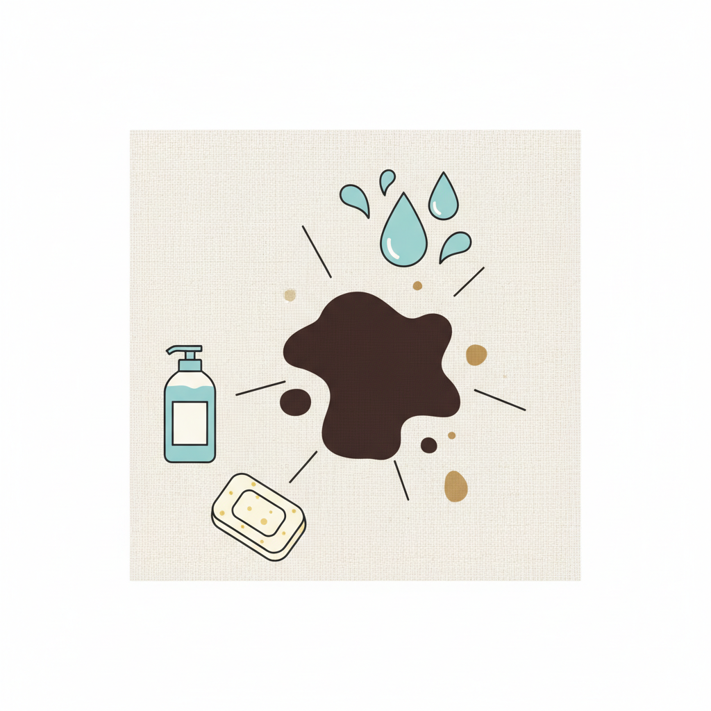 A clean, flat illustration in a professional blog style, depicting the process of tackling a stubborn balsamic stain. A stylized, dark brown balsamic stain appears deeply ingrained within the woven fibers of a light-colored fabric texture. Surrounding the stain, various abstract icons represent effective household cleaning agents: a small, generic bottle of liquid soap, a bar of white or yellowish gall soap, and a cluster of cool blue water droplets. The overall composition suggests gentle yet powerful intervention, illustrating the breakdown and removal of a difficult stain through common methods.