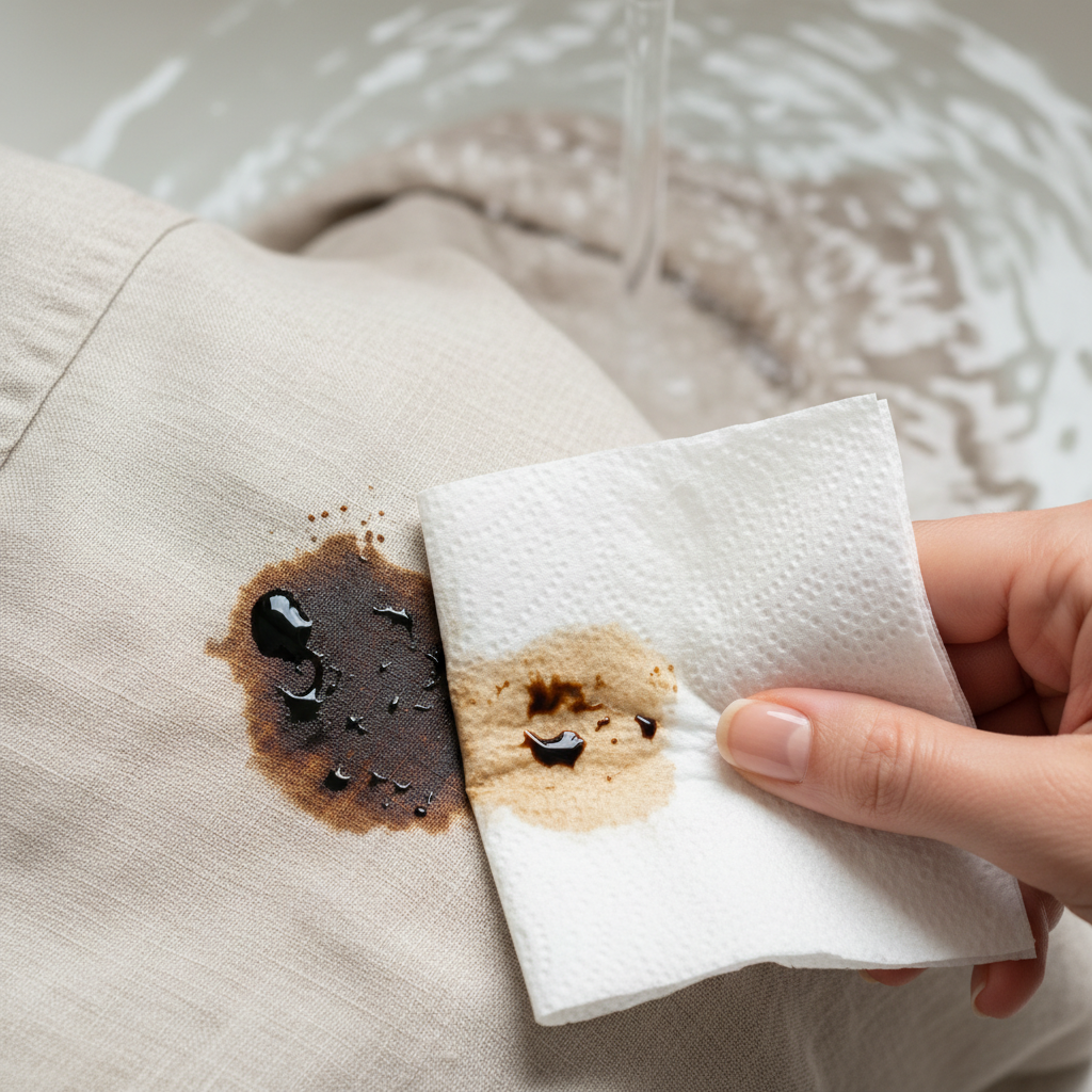 A close-up, high-angle professional photograph shows a light-colored linen shirt with a fresh, dark balsamic vinegar stain. A hand gently dabs the stain with a white paper towel, illustrating the blotting action. In the background, a soft blur suggests a stream of cold water from a faucet hitting the underside of the fabric, implying the rinsing step. The scene conveys urgency and proper first aid for a stain. Clean, bright lighting with a shallow depth of field.