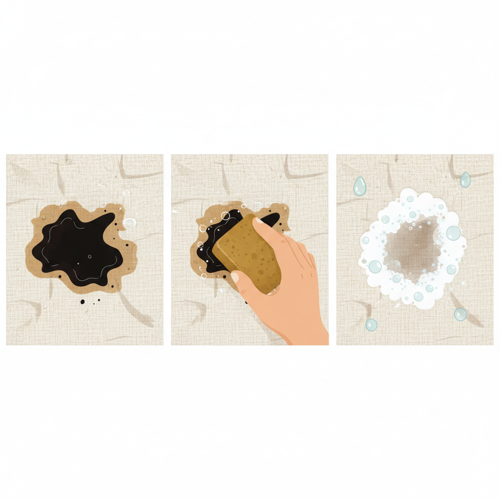 A detailed flat illustration depicting the process of using gall soap on a balsamic stain. The image is divided into three implied steps. First, a piece of light fabric with a dark balsamic stain, slightly moistened. Second, a hand holding a traditional bar of yellow-brown gall soap, gently rubbing it directly onto the stained area. Third, the same fabric with a thin, soapy lather covering the now partially treated stain. The style is clean, modern, and step-by-step focused.