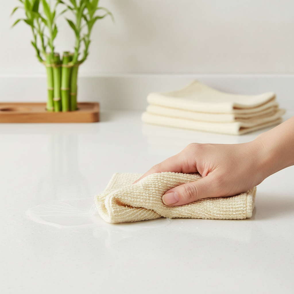 A vibrant, professional product photograph capturing a bamboo cleaning cloth in action. A hand gently wipes a gleaming, wet kitchen counter, with water droplets visibly disappearing into the soft, textured cloth, emphasizing its superior absorbency. In the soft-focus background, a small, elegant bamboo plant or a subtle green accent hints at the product's natural origin. The overall scene should convey cleanliness, efficiency, and a touch of modern eco-consciousness, using a clean and inviting aesthetic.