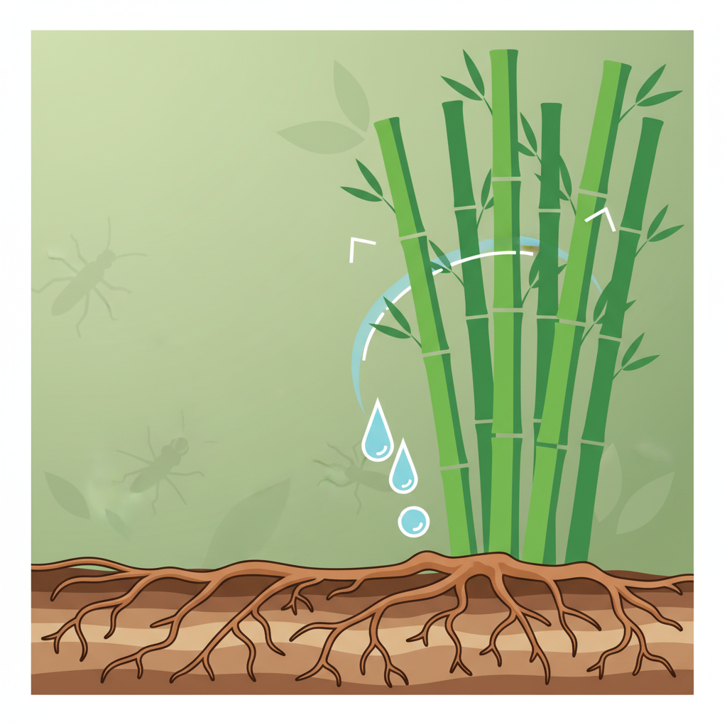 An infographic-style illustration demonstrating the sustainable growth of bamboo. On one side, tall, vibrant green bamboo stalks are shown rapidly growing, with subtle visual cues like upward arrows and minimal water droplets, signifying low water consumption. Below, healthy root systems are visible, preventing soil erosion. The background should subtly convey a natural, pest-free environment. The overall aesthetic should be clean, modern, and visually articulate the plant's rapid renewability and ecological benefits without any explicit comparisons.