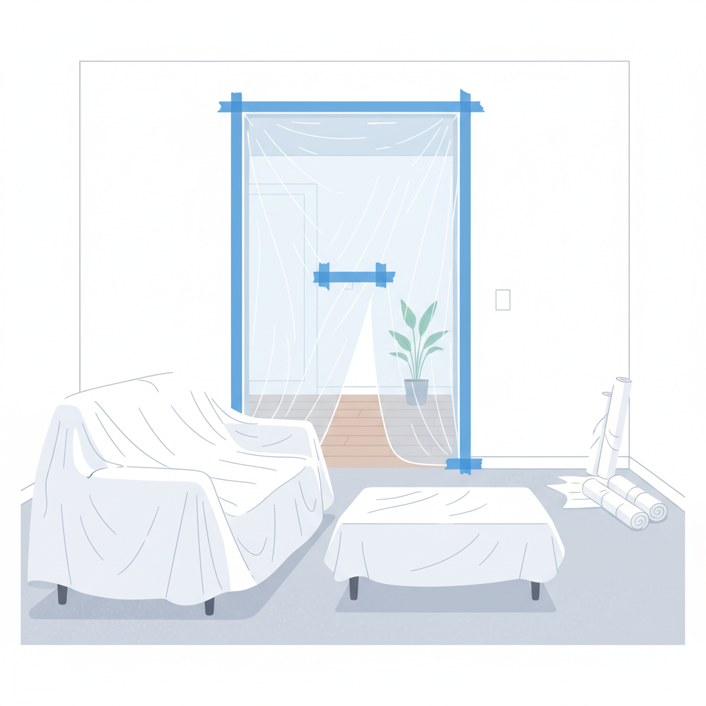 A clean, modern flat illustration showing an interior room undergoing post-construction cleanup preparation. The scene focuses on a doorway sealed with blue painter's tape and transparent plastic sheeting, effectively blocking off an adjacent clean room. Within the main room, several pieces of furniture, like a sofa and a table, are meticulously covered with large, white protective tarpaulins or drop cloths. The floor shows subtle signs of residual dust, contrasting with the protected items. The overall impression should be one of diligent preparation and containment.