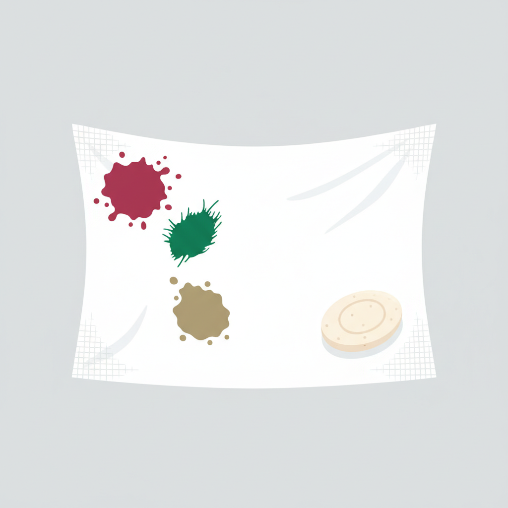 A visually striking flat illustration depicting a dynamic transformation on a white piece of fabric. On the left side, several distinct, vibrant stains like a red wine splash, a dark green grass smudge, and a brownish grease spot are clearly visible, contrasting sharply with the fabric. A clean, pristine section of the same white fabric appears on the right, seamlessly transitioning from the stained area. A minimalist, natural-looking bar of soap is subtly placed near the clean fabric, implying the solution. The overall style is bright, clean, and highlights the effectiveness of stain removal in an optimistic way.
