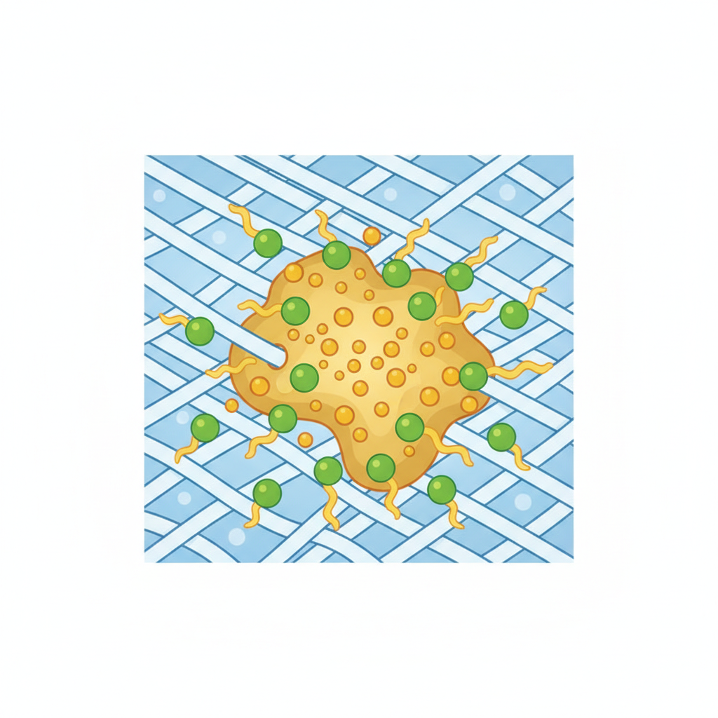 An illustrative infographic-style diagram explaining the molecular action of bile soap. The scene shows a magnified view of fabric fibers, with a large, irregular fat stain nestled within. Small, stylized molecules, depicted as simple two-part shapes (e.g., a round head and a wiggly tail), representing amphiphilic bile acids, are actively surrounding and breaking down the large fat stain into numerous smaller, perfectly spherical droplets. The overall aesthetic is clean, scientific, and utilizes a bright, modern color palette to clearly differentiate the components and convey a sense of natural chemistry at work.