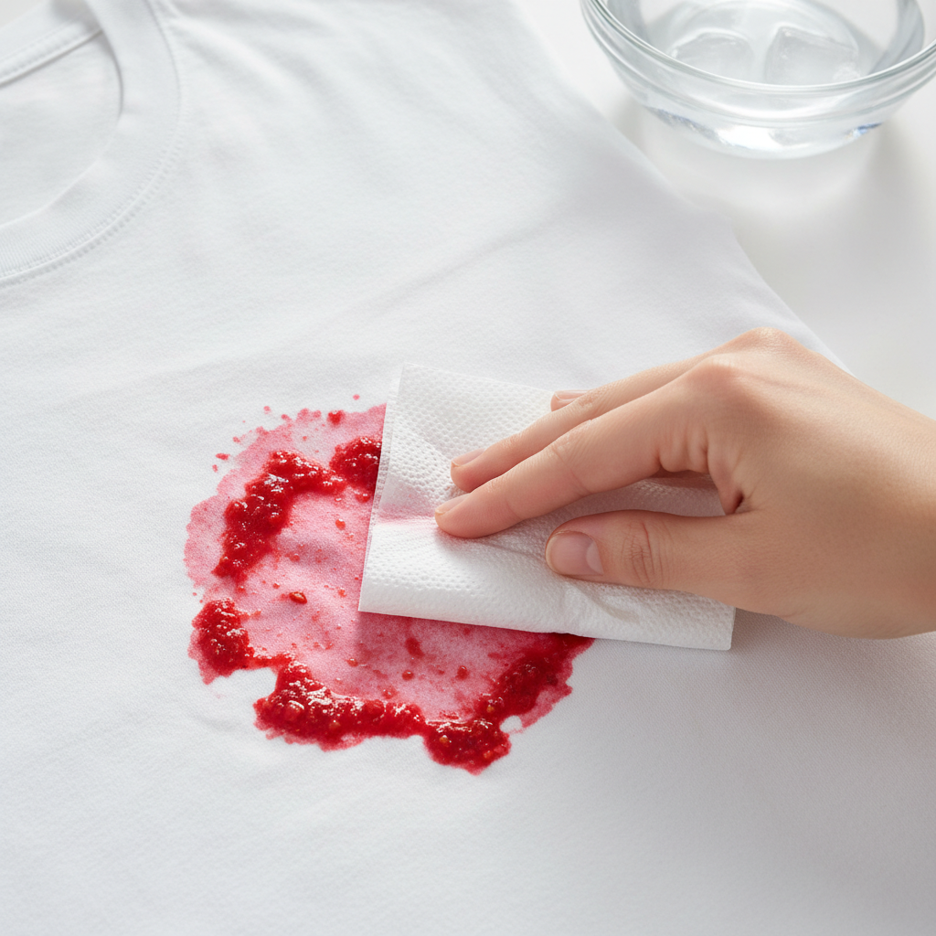 A close-up, top-down view of a white cotton t-shirt with a vibrant, fresh berry stain, perhaps from a raspberry or strawberry. A human hand, entering from the side, is gently dabbing the stain with a clean, white cloth or paper towel, illustrating the 'don't rub, just dab' technique. A small bowl of cold water is subtly visible in the background, suggesting its importance. The overall impression should be clean, focused on the action, and convey an immediate, effective response. Professional photo style with bright, natural lighting.
