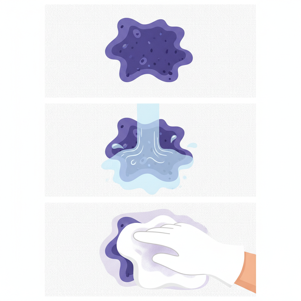 A clean, multi-panel flat illustration depicting the initial steps of berry stain removal on a fabric. The first panel shows a vivid blueberry or blackberry stain on a white textile. The second panel illustrates a gentle stream of cold water being poured onto the stain. The third panel shows a hand carefully dabbing the wet, stained area with a clean, absorbent material. The style should be modern vector art with soft, appealing colors, clearly showing the sequence of actions without showing a complete 'after' state.