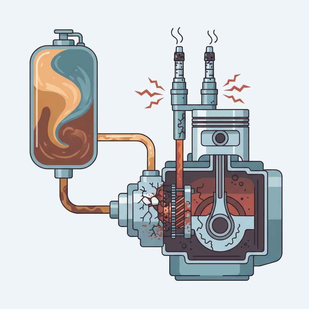 An infographic-style illustration depicting the negative effects of mixing gasoline and diesel within an engine's fuel system. On one side, a partially cut-away internal combustion engine with specific components like fuel injectors and a high-pressure pump shown corroding or experiencing significant wear. A visual representation of mixed fuel (e.g., two distinct liquids swirling together) flows into these damaged parts, highlighted with subtle warning signs like cracks or dark residues. The overall mood should convey malfunction and severe damage. Use a clean, technical illustration style with clear component definitions and a muted color palette accented by warning colors.