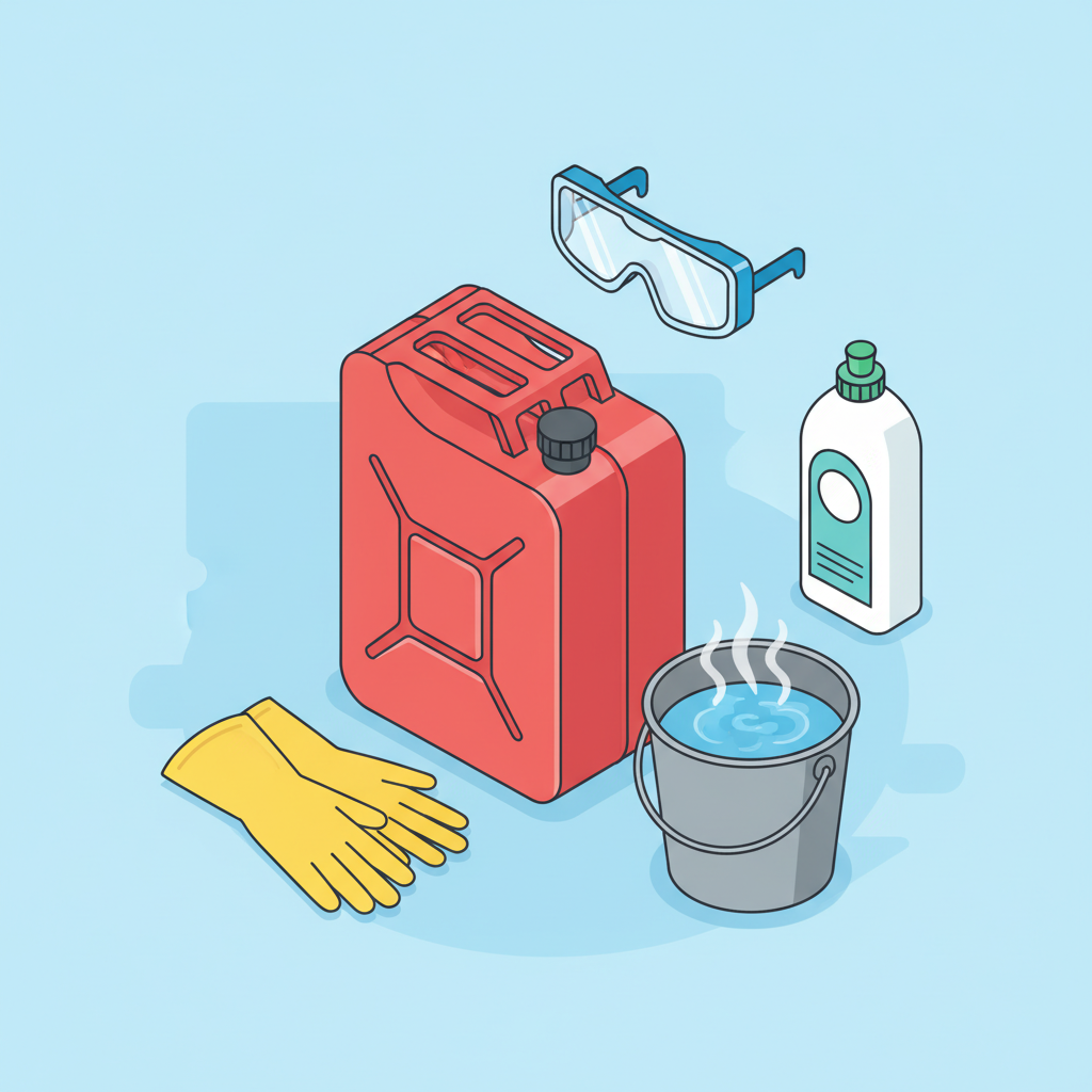 A flat illustration depicting the essential materials and safety equipment for cleaning a fuel canister. In the center, a typical red jerry can is presented. Surrounding it are neatly arranged items: a pair of yellow rubber gloves, transparent safety goggles, a bottle of liquid dish soap, and a sturdy bucket filled with hot water, with gentle steam visually rising. The scene should be bright, clean, and well-organized, emphasizing readiness and safety. The overall style should be modern, clean flat illustration with a slightly isometric perspective for depth.