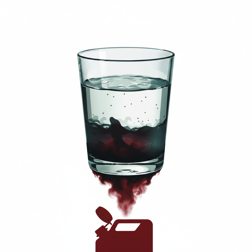 A high-contrast, professional photo illustration depicting a clear glass of water with a distinct, shadowy, oily layer or swirling vapor at the bottom, subtly rising from the silhouette of a red gasoline canister below the water. The water itself appears mostly clear but with a faint, uneasy shimmer, symbolizing unseen contamination. The background is clean and minimalistic, emphasizing the stark contrast between clean water and the potential unseen danger lurking. Style: Modern, clean photography with digital manipulation.