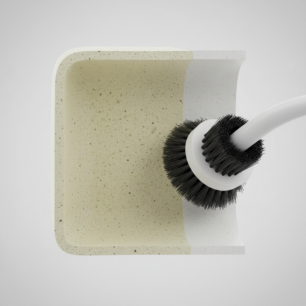 A detailed, cutaway infographic-style illustration of an HDPE fuel canister's inner wall. On the left side, the plastic material is depicted with tiny, dark, ingrained particles and a faint, yellowish hue, symbolizing absorbed gasoline residues. Towards the right, a visible scrubbing brush or cleaning tool is actively engaged, showing a segment of the wall that appears cleaner and lighter, but still with microscopic, almost invisible speckles embedded within the material, highlighting the porosity and the persistent challenge of complete removal. Style: Technical 3D render with clean lines and subtle textural detail.