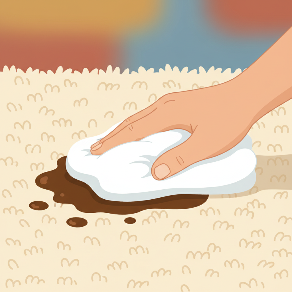A detailed, clean flat illustration depicting a close-up section of a Berber carpet. The carpet's distinctive looped texture is clearly visible in the foreground. On one part of the carpet, there is a fresh, vibrant coffee stain. A human hand, with a clean, soft white cloth, is gently pressing down onto the stain, demonstrating a careful dabbing motion. The background is a soft, blurred wash of color, ensuring the focus remains entirely on the carpet, the fresh stain, and the precise cleaning action. The overall style is bright and informative, suitable for a DIY guide.
