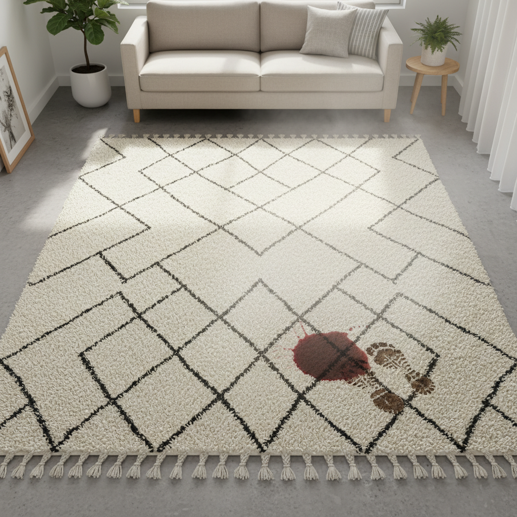 A professional, top-down photographic style image showcasing a large Berber carpet in a bright, modern living space. The carpet is subtly divided into two conceptual halves. One half appears immaculately clean, bright, and pristine, reflecting light and exuding freshness. The other half contains a few common, yet distinct, household stains – perhaps a spilled red wine ring and a muddy footprint. A soft, almost ethereal visual effect subtly shows these stains diminishing or being gently lifted from the fibers, symbolizing effective cleaning and restoration, without showing any specific products or tools. The overall mood is one of transformation and renewed cleanliness.