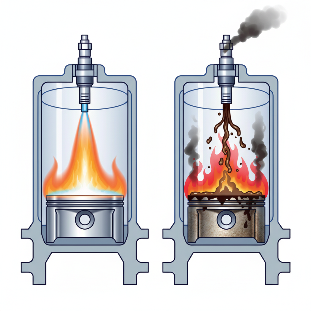 Eine detaillierte technische Schnittzeichnung, die zwei parallele Ansichten einer Motorbrennkammer darstellt. Links sprüht ein makelloser, glänzender Kraftstoffinjektor präzise einen fein zerstäubten, symmetrischen Kraftstoffkegel in den Zylinder, der zu einer sauberen, kräftigen Flamme entzündet und optimale Leistung und Effizienz symbolisiert. Rechts kämpft ein sichtbar verstopfter und verschmutzter Kraftstoffinjektor, der einen ungleichmäßigen, tropfenden und sprudelnden Kraftstoffstrahl abgibt, was zu einer unvollständigen, unsauberen Verbrennung und dunklen, rauchigen Rückständen am Kolben führt, die verminderte Leistung und erhöhten Verbrauch repräsentieren. Der Stil ist eine präzise, saubere schematische Darstellung mit lebhaften Farben für Flammen und Kraftstoff.