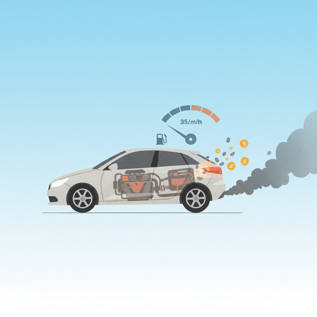 Eine dynamische, konzeptionelle Illustration, die ein modernes Auto aus einer leicht erhöhten Seitenansicht zeigt, das sich sichtbar anstrengt. Dunkler, rauchiger Qualm steigt aus dem Auspuff auf, was auf erhöhte Emissionen hindeutet. Eine abstrakte visuelle Überlagerung zeigt hohen Kraftstoffverbrauch, vielleicht eine stilisierte Tankanzeige, die schnell sinkt, oder symbolisches Geld, das aus dem Bereich des Kraftstofftanks des Fahrzeugs fliegt. Der Motorraum des Autos, subtil durch einen durchscheinenden Effekt sichtbar, zeigt gedämpfte, weniger lebendige Farben im Vergleich zu einem gesunden Motor, was subtil auf reduzierte Leistung und Effizienz hinweist. Der Gesamtstil ist eine klare, moderne Flat-Illustration mit einem leicht strapazierten oder schweren Gefühl um das kämpfende Auto, im Kontrast zu einem helleren Hintergrund.