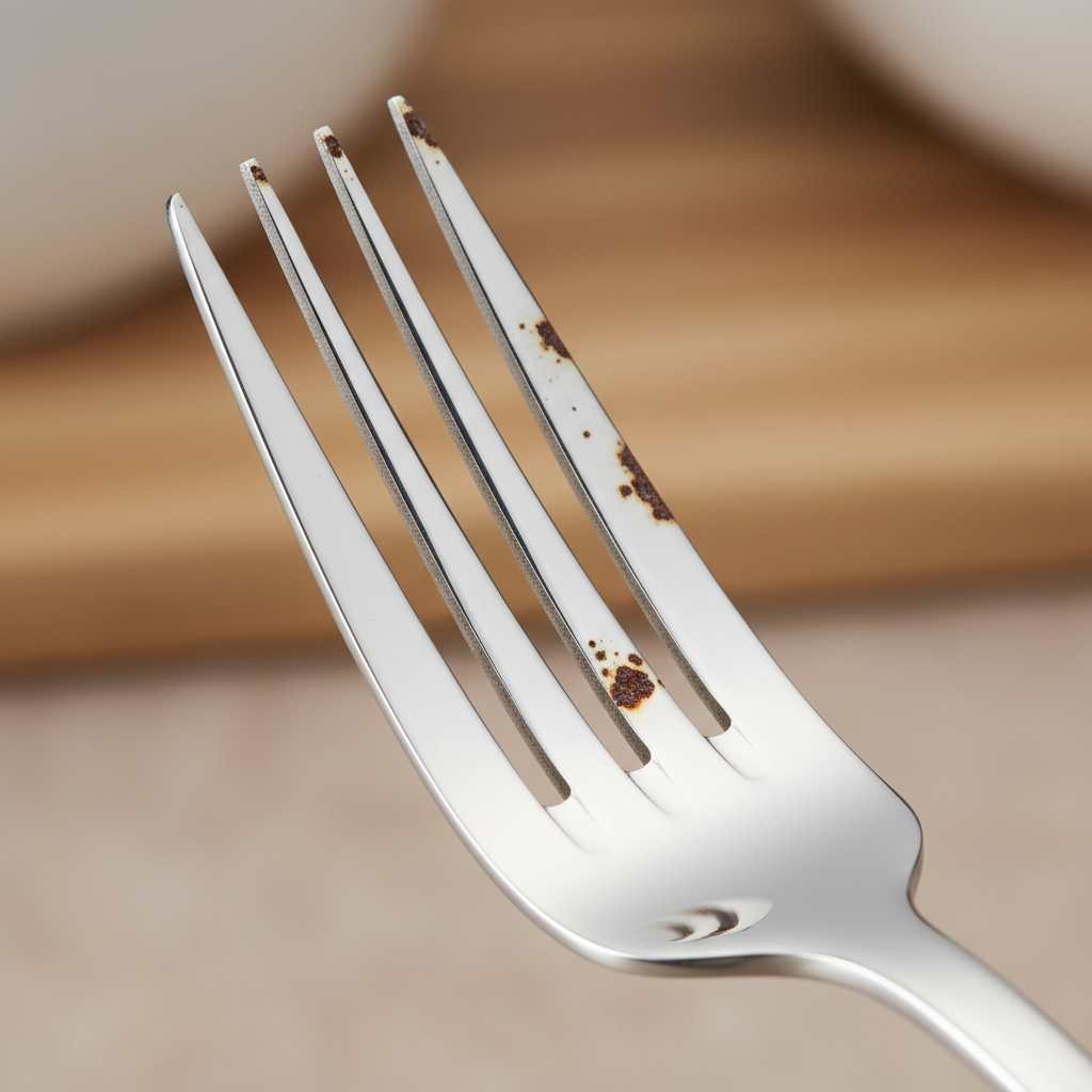 A close-up, high-quality studio photograph of a polished stainless steel fork. The metallic surface of the utensil is mostly gleaming, but there are distinct, small, reddish-brown rust spots marring its pristine appearance, particularly around the tines where they meet the handle. The focus is sharp on the rust spots, highlighting their texture and contrast against the polished metal. The background is a clean, neutral, out-of-focus setting, suggesting a kitchen or dining environment. Professional product photography style, emphasizing detail and realism to clearly illustrate the problem of rusted cutlery.