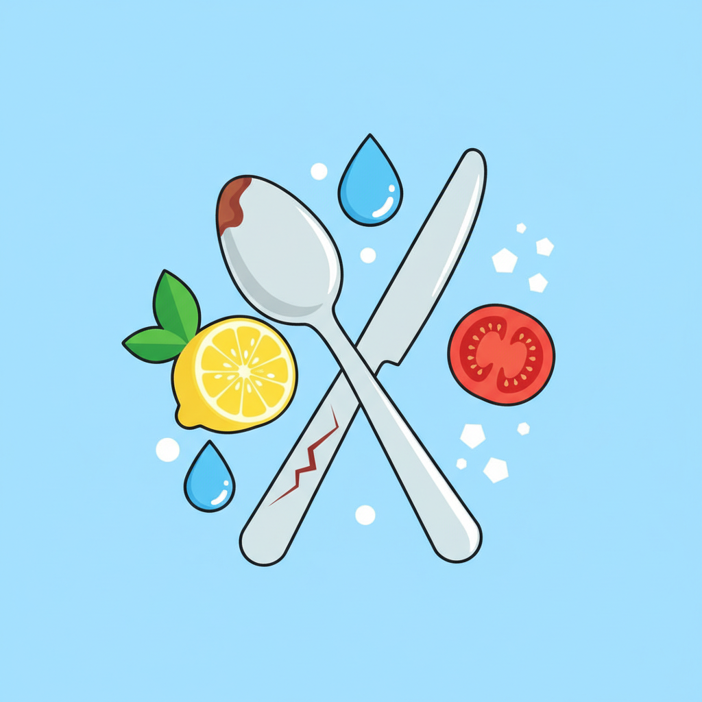 A vibrant, flat illustration depicting the various contributing factors to rust on cutlery. In the center, a simple, stylized silver spoon or knife is shown with a faint reddish tint on a small area. Around the cutlery, several symbolic elements are arranged: glistening water droplets, a cut lemon or tomato slice (representing acid), scattered white salt crystals, and a small, subtle crack or scratch visible on the cutlery's surface. The overall composition is clean and visually organized, using a bright, approachable color palette. Infographic style, abstract representation of causes.