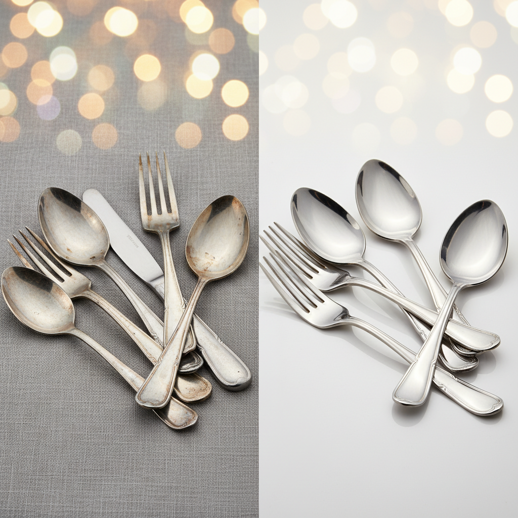 A professional, bright product photograph showcasing the transformation of cutlery. On the left side, a few pieces of stainless steel and silver cutlery appear dull, with subtle water spots or minor tarnish. On the right side, the same types of cutlery are shown sparkling clean, reflecting light brilliantly, with a pristine, polished finish. The two states are distinctly separated, emphasizing the 'before and after' effect of proper cleaning. A subtle bokeh background keeps the focus sharp on the cutlery's gleam.