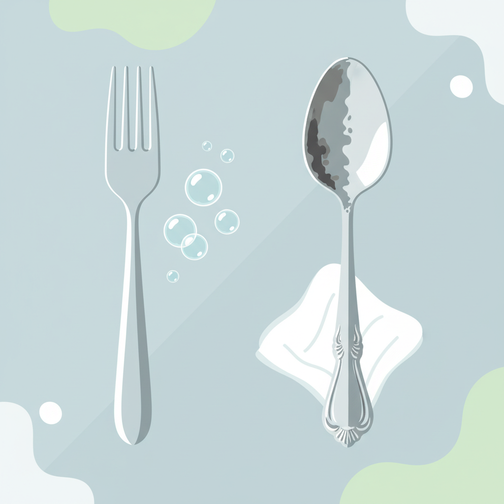 A clean, modern flat illustration depicting a selection of cutlery items alongside abstract representations of their care. A gleaming stainless steel fork is positioned next to gentle soap bubbles, suggesting easy maintenance. A more ornate silver spoon or knife, slightly tarnished on one side and polished on the other, is accompanied by a soft, white polishing cloth. The overall composition highlights the different materials and their specific care needs, using a bright, minimalist color palette. The background is simple and uncluttered.