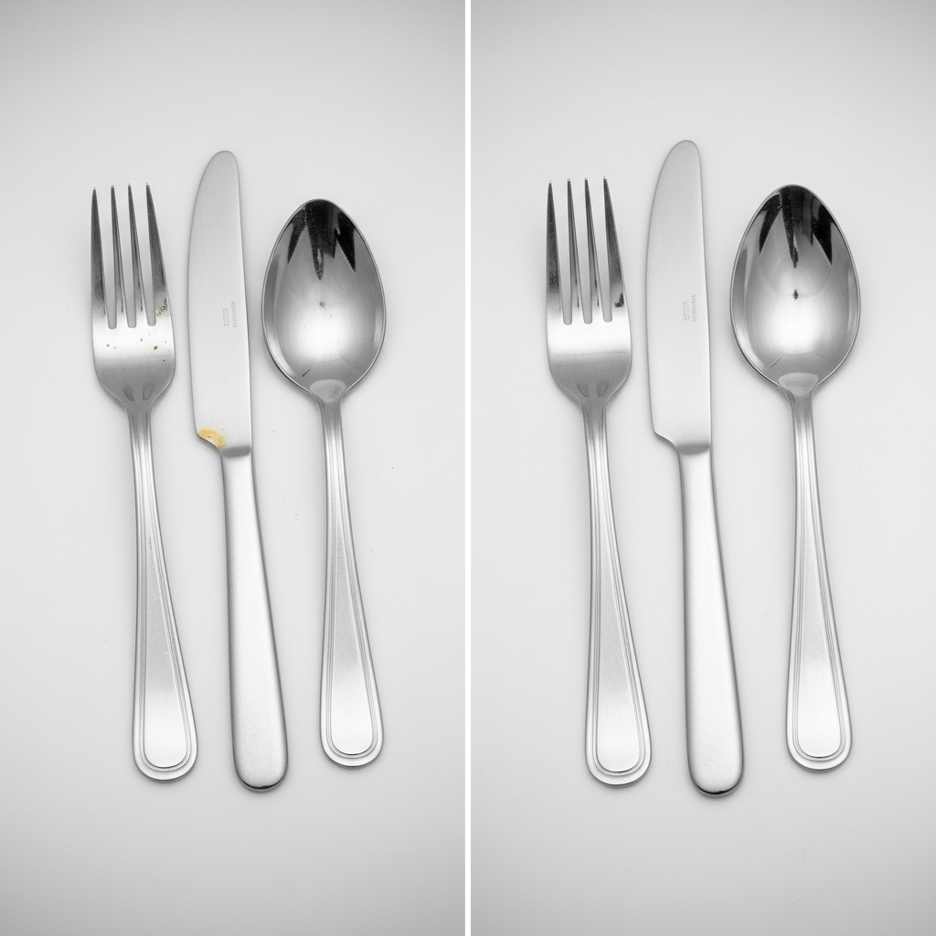 A split-screen or 'before and after' visual contrasting a set of stained cutlery with a perfectly clean, gleaming set. On the 'before' side, a fork, knife, and spoon appear dull, with visible water spots, subtle food residue marks, and a hint of tarnish or light rust on the knife. On the 'after' side, the identical cutlery set is sparkling clean, highly reflective, and pristine. The scene should evoke a sense of success and brilliance, using a professional product photography style with clear focus on metallic textures and reflections, perhaps with a soft, clean background.