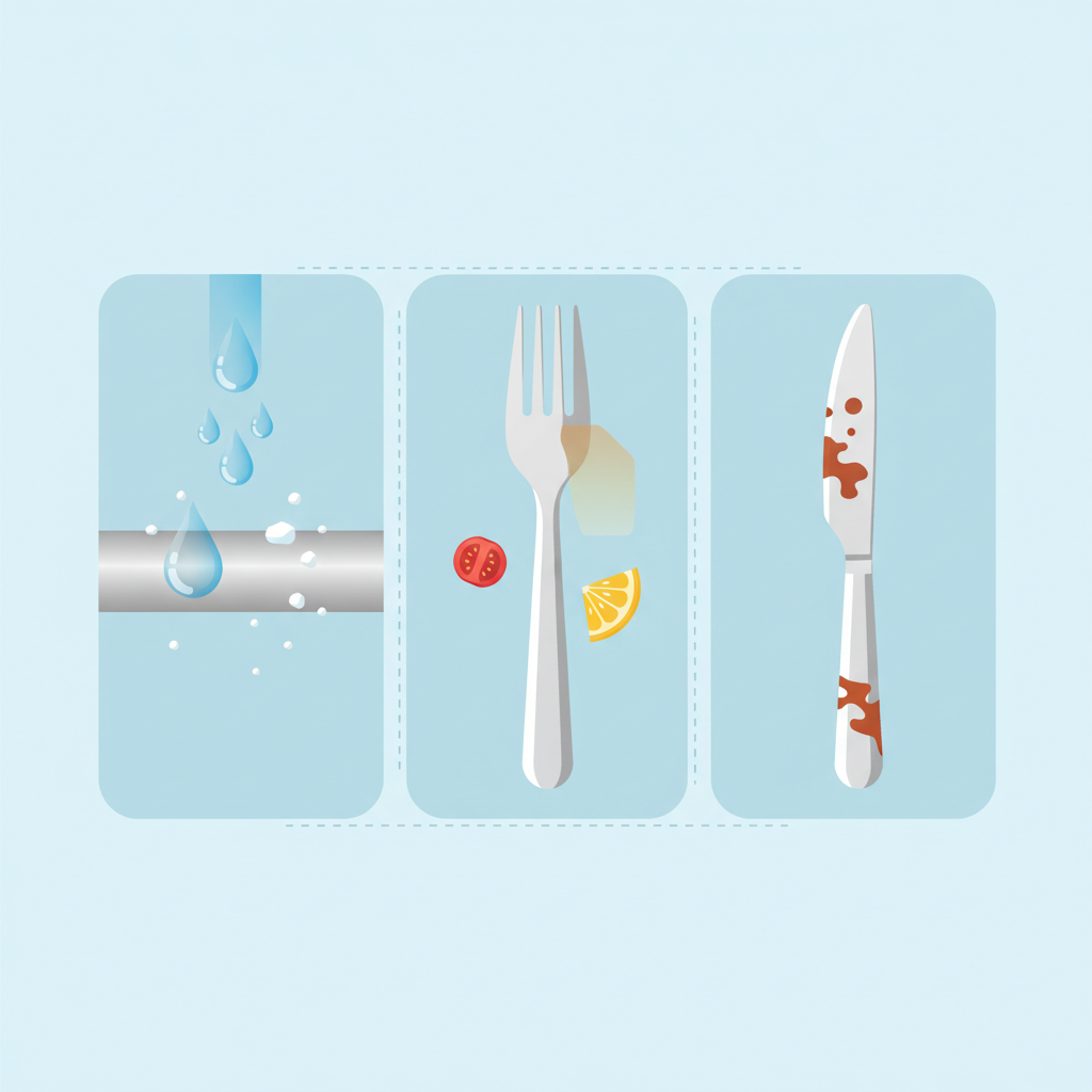 An infographic-style illustration depicting the three main causes of cutlery stains. The image should clearly separate these elements: stylized water droplets leaving white mineral deposits on a metallic surface, abstract food particles (e.g., a small tomato piece or citrus segment) causing a subtle discoloration effect on a fork, and reddish-brown spots or streaks representing corrosion on a knife blade. Each cause should be visually distinct but part of a cohesive design. The style should be clean, modern flat illustration with a bright, informative color palette, suitable for explaining concepts visually.