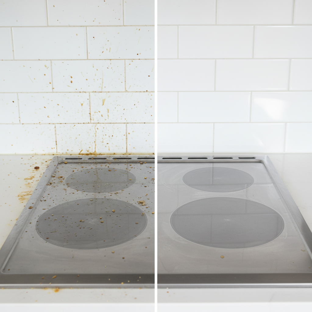 A professional, brightly lit photo capturing a clean and modern kitchen setting. The image should focus on a stainless steel stovetop or an area of kitchen tiles. One side of the frame depicts a section heavily splattered with dried, yellowish grease and food residue, clearly illustrating the 'before' state. The other side seamlessly transitions into an immaculately clean, sparkling surface that reflects light, representing the 'after' effect of effective cleaning. The contrast between the greasy and pristine areas should be visually striking, without any human presence or product branding.
