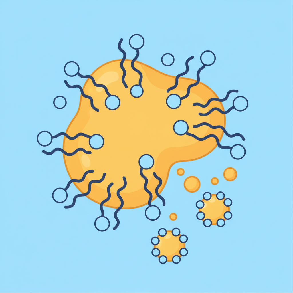 An engaging, flat illustration in an infographic style, depicting the microscopic action of a degreaser. The scene shows a large, irregular globule of yellow-orange fat surrounded by a field of light blue representing water. Stylized surfactant molecules, shown as simple shapes with distinct hydrophilic heads (e.g., small circles) and hydrophobic tails (e.g., wavy lines), are actively breaking down the large fat globule into numerous smaller, emulsified spheres. The surfactant molecules should be clearly shown attaching to the fat and facilitating its dispersion into the water, illustrating the core mechanism of fat dissolution.