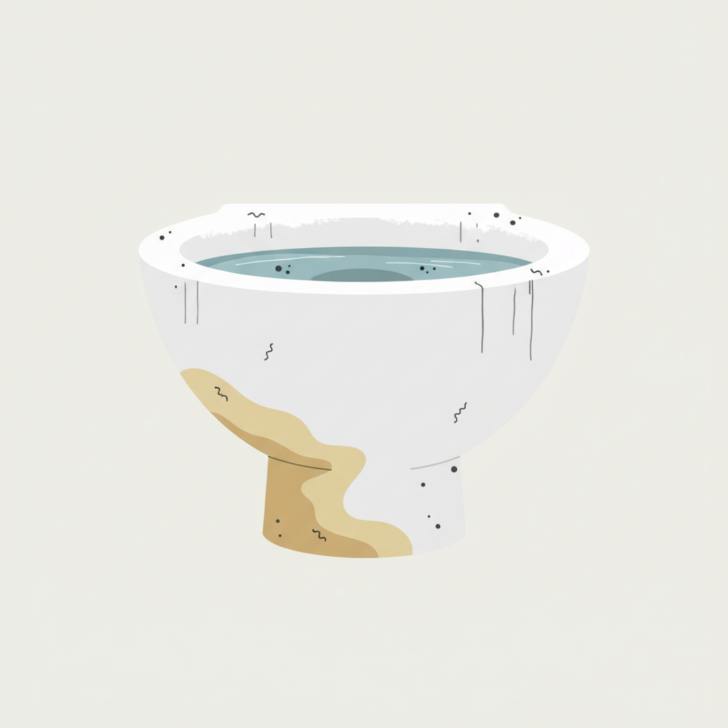 A clean, modern flat illustration depicting a stylized cross-section of a white ceramic toilet bowl. Inside the bowl, various common cleaning problems are visually represented: a subtle layer of white, chalky texture on the rim and just above the waterline to signify limescale. Below the waterline, a distinct, slightly darker, brownish-yellow stain illustrates urine scale. Faint, dark streaks or smudges indicate general dirt and grime. Tiny, abstract, microscopic shapes (like simple dots or squiggles) are sparsely scattered across the dirty areas to symbolize bacteria and germs. The overall atmosphere should convey the challenge of an unclean bathroom fixture before effective cleaning. The style is clean vector art with a limited, muted color palette.